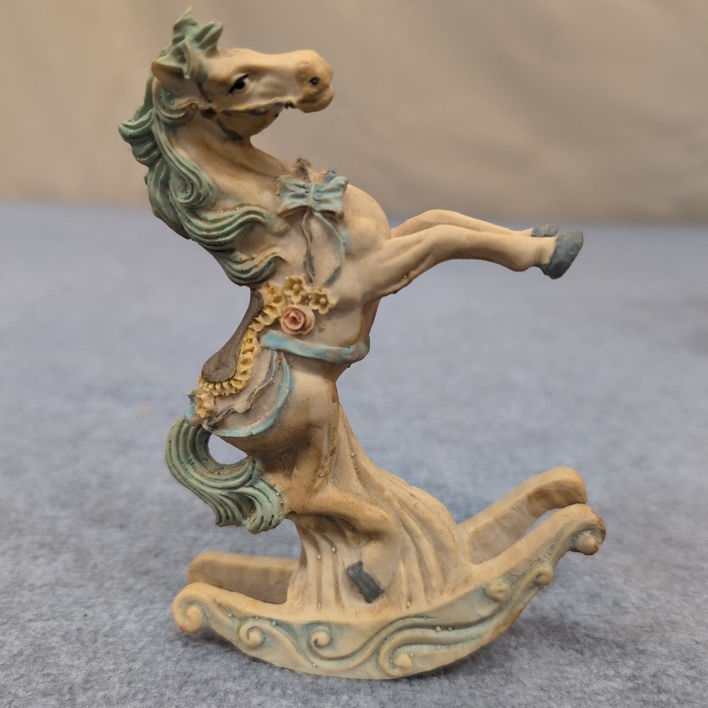 Decorative Rocking Horse Figurine Blue Bow Floral Accents Beige Mint Green - Picture 1 of 4